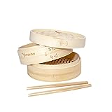 Yanekom Bamboo Steamer Handmade Basket - 10 Inch Dumpling Steamer Basket for Cooking Meat, Fish, Rice and Vegetables - 2 Tiers Steaming Basket Including Bamboo Chopsticks and Silicone Pads