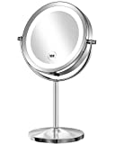 Gospire 1x/10x Magnifying Lighted Makeup Mirror Double Sided Round Mirror Standing 360 Degree Swivel Vanity Mirror Battery Operated 7 Inch Diameter Shaving Bathroom Mirror(Silver-Button Switch)