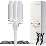 Large 3 Barrel Curling Iron, Triple Hair Waver & Crimper Wand for Beach Waves, Ceramic Tourmaline with Adjustable Temperature - Glam Waver, White
