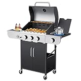 MELLCOM 3 Burner BBQ Propane Gas Grill, 24,000 BTU Stainless Steel Patio Garden Barbecue Grill with Stove and Side Table