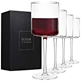 Square Red Wine Glasses Set of 4 - Hand Blown Edge Wine Glasses - Modern Flat Bottom Wine Glasses - Unique Large Wine Glasses with Stem For Cabernet, Pinot Noir, Burgundy, Bordeaux - 17oz Clear
