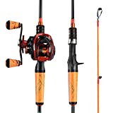 One Bass Fishing Rod and Reel Combo, Medium Fast Baitcasting Combo, 24-Ton Carbon Fiber 2 Pieces Fishing Poles with Baitcasting Reel Super Polymer Handle-Orange- 2.1M -Right Handed
