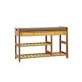 C&AHOME Shoe Bench Bamboo, 3-Tier Shoe Organizer with Cushion, Shoe Rack Bench for Entryway, Max Load 270 LBS, Removable Seat Cushion Bench, Ideal for Hallway, Living Room, Bedroom, Light Brown