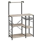 VASAGLE Baker's Rack, Microwave Stand with Wire Basket, 6 Hooks, and Shelves, for Spices, Pots, and Pans, Greige and Black