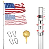 YDisplay Flag Poles for Outside In Ground 20ft Telescoping Flagpole Heavy Duty 16 Gauge Aluminum with 3x5 American Flag, Golden Top Ball and Clips for Yard Patio Garden- Can Fly 2 Flags