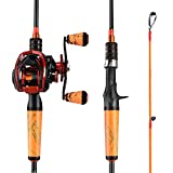 One Bass Fishing Rod and Reel Combo, Medium Fast Baitcasting Combo, 24-Ton Carbon Fiber 2 Pieces Fishing Poles with Baitcasting Reel Super Polymer Handle-Orange-1.8M -Right Handed