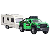 Pickup Truck Trailer with Toy Camper RV Motorhome Toys for Boys Diecast Model Car Metal Pull Back Toy Cars 1/36 Scale SUV Doors Open Light Sound Kids Christmas Stocking Stuffers Gifts, Green