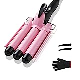 3 Barrel Curling Iron Hair Crimper , TOP4EVER 25mm（1 inch ）Professional Hair Curling Wand with Two Temperature Control ,Fast Heating Portable Crimpers for Waving Hair (Pink)