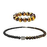 Tiger Eye Gemstone Crystal Bracelet Bracelets for men women，10mm Round Beaded Stretch Bracelet，Natural Black Obsidian and Tiger Eye Therapy Necklace Anti-Anxiety Yoga Beads Stress Relief
