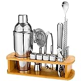 25-Piece Cocktail Shaker Set with Bamboo Stand, 304 Stainless Steel Bartender Kit, Professional Martini Shaker Bar Tool Set for Drink Mixing, Home, Bar, Party (Silver)