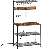 SUPERJARE Bakers Rack with Power Outlets - Height Adjustable Microwave Stand, 4-tier Kitchen Storage Rack with 10 S-shaped Hooks, 360° Hanging Strip, Coffee Bar Station - Rustic Brown