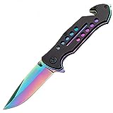 Tactical Folding Knifes Spring Assisted Pocket Knife With Clip And Lock Blade | Pocket Knife With Seatbelt Cutter And Glass Breaker | 3 Inch Blade Pocket Knife For Man | Rainbow Spectrum Flipper