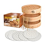 DEALZNDEALZ 3-Piece Bamboo Steamer Basket with Lid 08-inch 2-Tier, 50 Perforated Bamboo Steamer Liners with 2-Pairs of Bamboo Chopsticks