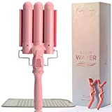 Large 3 Barrel Curling Iron, Triple Hair Waver & Crimper Wand for Beach Waves, Ceramic Tourmaline with Adjustable Temperature - Glam Waver, Pink