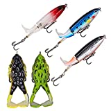 Topwater Bass Fishing Lure Set, Plopping Propellers Tail, Bigger Splash Whopping, 3D Eyes Lifelike Body Pattern, Soft Frog Bait & Hard Minnow Kit for Bass Trout Snakehead Pike (A Set 5pcs)