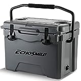 EchoSmile Grey Cooler, 25 Quart Rotomolded Cooler, Portable 5 Day Ice Cooler, Heavy Duty Ice Chest (Built-in Bottle Openers, Fishing Rule, Cup Holders and Lockable Corners) for Camping, Fishing
