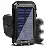 Solar Charger, Durecopow 20000mAh Portable Outdoor Waterproof Solar Power Bank, Camping External Backup Battery Pack Dual 5V USB Ports Output, 2 Led Light Flashlight with Compass (Black)