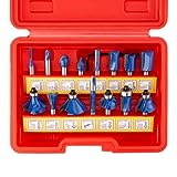 HILTEX 10100 Tungsten Carbide Router Bits, 15 Piece Router Bit Set, 1/4” Router Bit Shank Tungsten Carbide Router Bits, Chamfer Router Bits for Woodworking on Wood, Blue