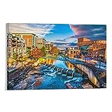 Canvas Wall Art Reedy River and Skyline in Downtown Greenville South Carolina SC Canvas Prints Wall Art Paintings Artworks Pictures Posters for Living Room Bedroom Decoration, Gift for Wedding Christ