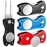 Golf Divot Repair Tool Stainless Steel Foldable Golf Repair Tool Magnetic Golf Ball Marker Tool with Pop Up Button Portable Golf Repair Tool(Black, Red, Blue,3 Pieces)