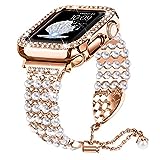 Joyozy Bling Pearl Bracelet 41mm and case Compatible For Apple Watch band series 8 7, Women Sparkle Diamond Case with Rhinestone Cute Strap Iwatch Bans 41mm Jewelry Bling Dressy Metal Jewelry Fancy(Rose Gold, 41MM)