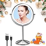Lighted Makeup Mirror with Magnification, 1X 10X Magnifying Mirror with Light, Rechargeable 8'' HD Double Sided Tabletop Vanity Mirror, 3 Color LED Dimmable Desk Lit Cosmetic Mirror