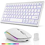 Wireless Keyboard Mouse Combo, Ultra Slim Backlit Wireless Keyboard and Mouse Set Multi-Device 2.4G USB Rechargeable Bluetooth Keyboard and Mouse for PC, Laptop, Windows, Desktop( Silver White )