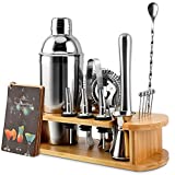 Bartender Kit, EPTISON 16-Piece Stainless Steel Cocktail Shaker Set with Stylish Bamboo Stand & Cocktail Recipes Booklet, Professional Bar Tools for Drink Mixing, Home, Bar, Parties