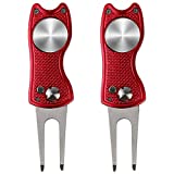kaveno Golf Divot Repair Tool, Foldable Pop-up Button Stainless Steel Switchblade & Detachable Golf Ball Marker (Red Fish 2 Sets)