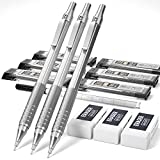 Nicpro 0.5 mm Mechanical Pencils Set with Case, 3 Metal Artist Pencil With 6 Tubes HB Lead Refills, 3 Erasers, Eraser Refills For Architect Art Writing Drafting,Drawing, Engineering, Sketching, Silver