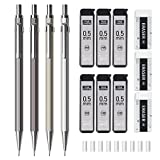 Four Candies 0.5mm Mechanical Pencil Set with Case - 4PCS Metal Mechanical Pencils, 6 Tubes HB #2 Lead Refills, 3PCS 4B Erasers and 9PCS Eraser Refills, Lead Mechanical Pencils for Writing & Drawing