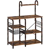 Rolanstar Baker's Rack for Kitchen 35.5' with 7 Shelves and 12 Hooks, Large Capacity Utility Storage Shelf with Microwave Stand Foldable Pull Basket, Stable Retro Metal Frame Rustic Brown