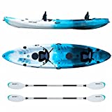 Driftsun Teton 120 Hard Shell Recreational Tandem Kayak, 2 or 3 Person Sit On Top Kayak Package with 2 EVA Padded Seats, Includes 2 Aluminum Paddles and Fishing Rod Holder Mounts, Blue/White
