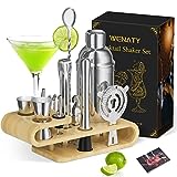 15pcs Cocktail Shaker Set with Stand, WENATY Stainless Steel Bartender Kit Bar Tool Set, 25oz Martini Shaker, Muddler, Mixing Spoon, Tongs, Measuring Jigger, Liquor Pourers, and More Bar Accessories