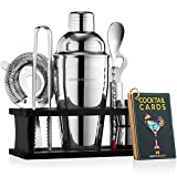Mixology Bartender Kit with Black Stand | Silver Bar Set Cocktail Shaker Set for Drink Mixing - Bar Tools: Martini Shaker, Jigger, Strainer, Bar Mixer Spoon, Tongs, Opener | Gift Idea