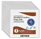 Povidone-Iodine Prep Pads (120 Count), 10% Solution, Disposable Individually Wrapped Wipes For Wound Care, First Aid